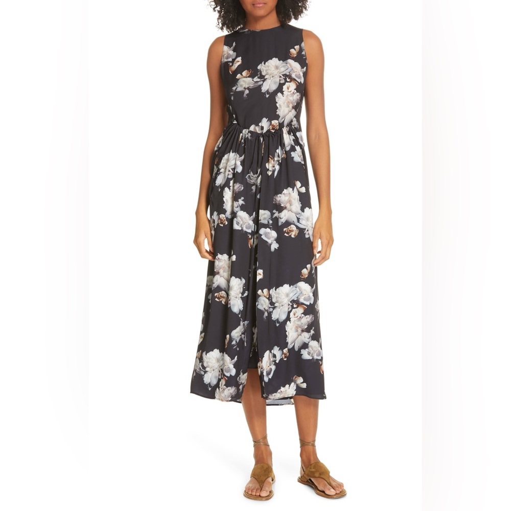 Vince Peony Shirred Drawstring Floral Black Midi Dress